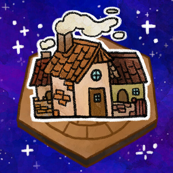 Game Works Preview Image A brown brick house with smoke coming out of two chimneys. The house as a brick fence, and is a 2D image on a hexagon-shaped piece of land that is floating in space. There are stars in the background.