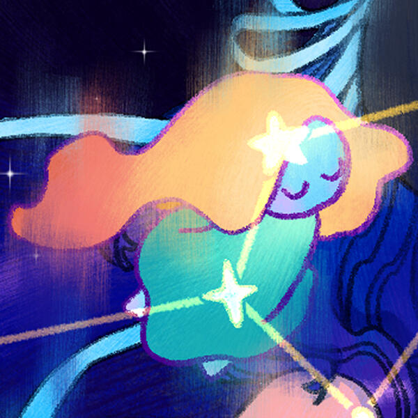 Illustration Works Preview Image a being with blue skin and closed eyes is floating, their red-orange hair flowing behind them. They are wearing an aqua green dress. They have a star on their forehead and belly area, connected with lines like a constellation between the two stars and to o